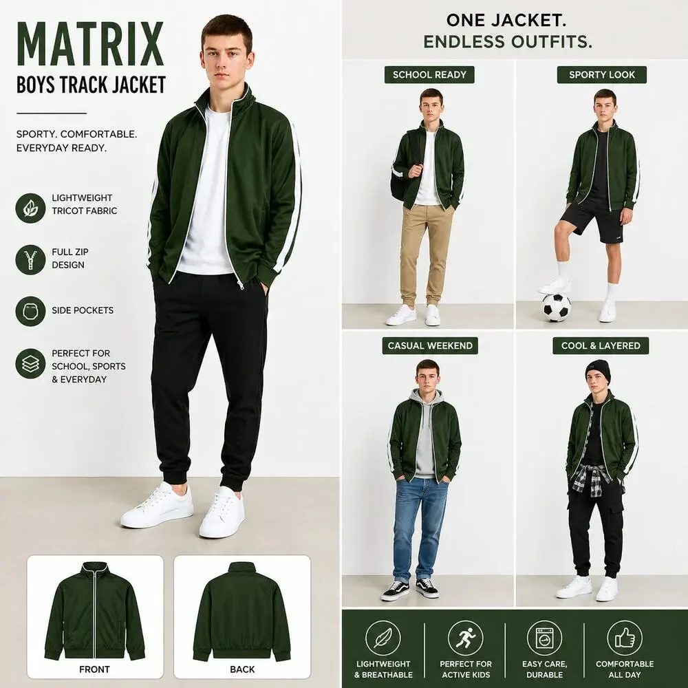 Matrix Boys Track Jacket Size L 10-12 Dark Green Full Zip Athletic Tricot NWOT